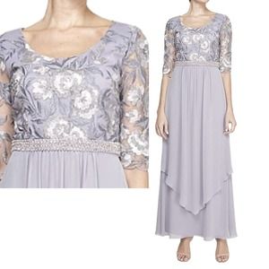 Le Bos NWT Embroidered Tiered Dress Pearl Beaded Waist Dusty Lavender ,16